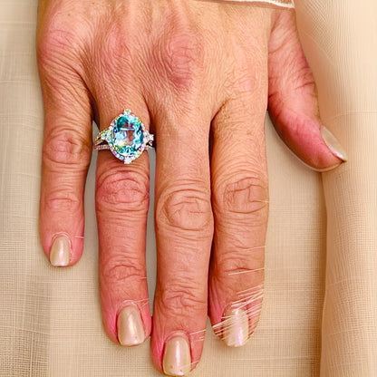 Natural Aquamarine Diamond Ring Size 6.5 14k W Gold 6.58 TCW Certified $5,975 217093 - Certified Fine Jewelry