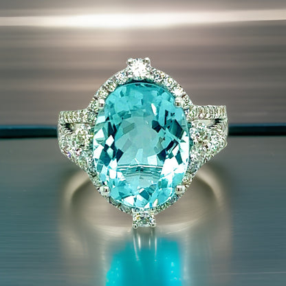 Natural Aquamarine Diamond Ring Size 6.5 14k W Gold 6.58 TCW Certified $5,975 217093 - Certified Fine Jewelry