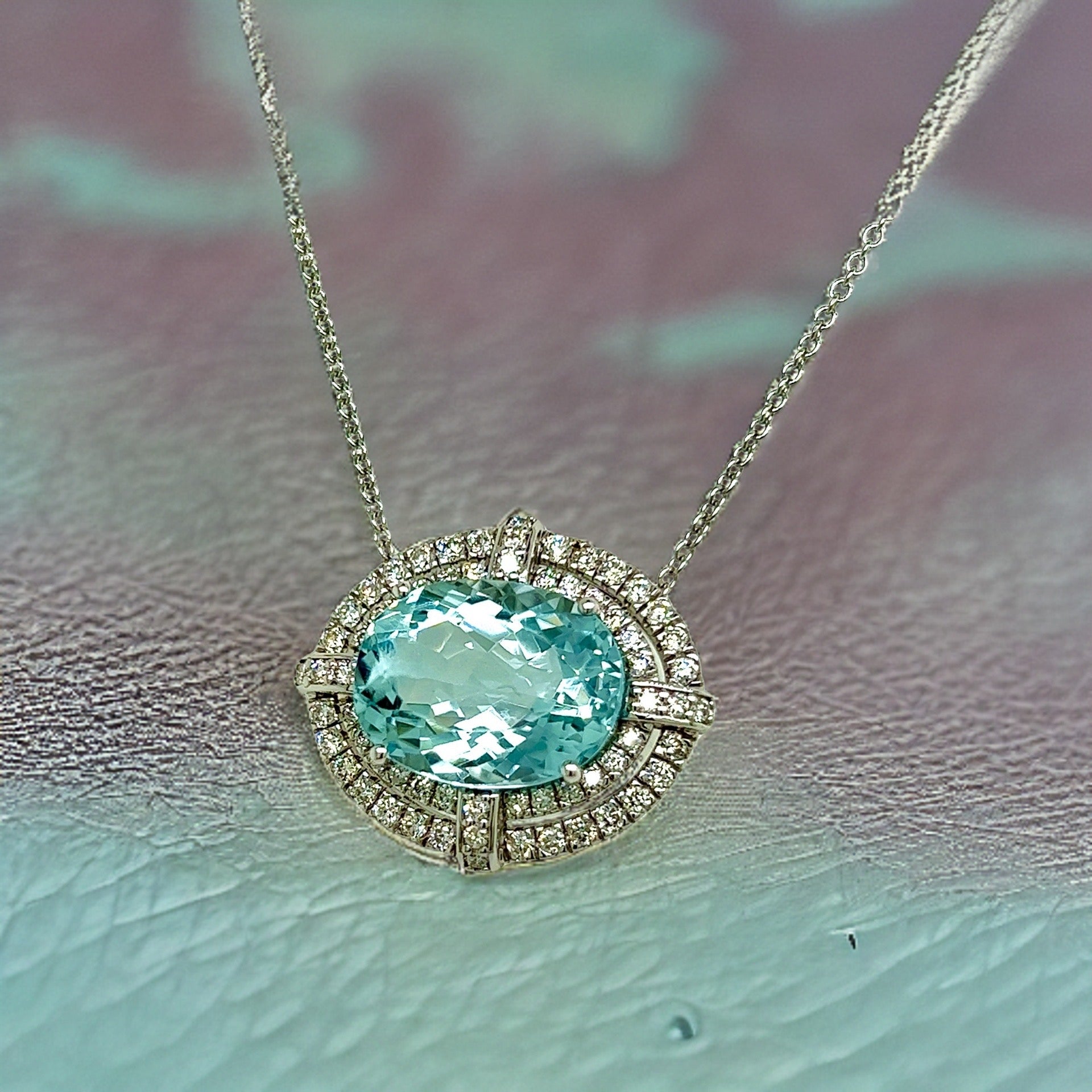 Natural Aquamarine Diamond Pendant With Chain 17.5" 14k W Gold 7.09 TCW Certified $6,490 217088 - Certified Fine Jewelry