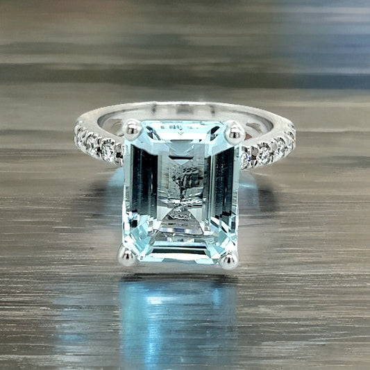 Natural Aquamarine Diamond Ring Size 6.5 14k W Gold 5.78 TCW Certified $4,950 217851 - Certified Fine Jewelry