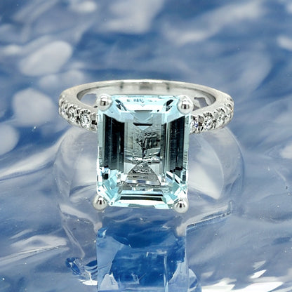 Natural Aquamarine Diamond Ring Size 6.5 14k W Gold 5.78 TCW Certified $4,950 217851