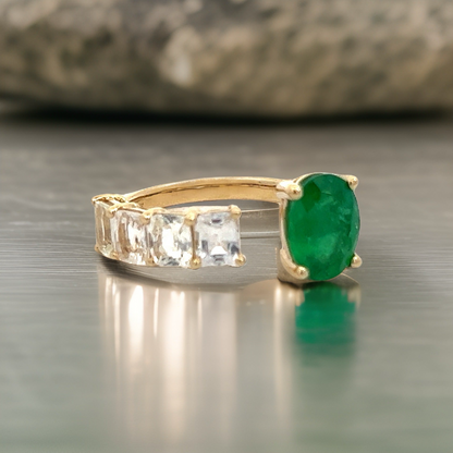 Natural Emerald and White Sapphire Ring 6.5 14k Y Gold 4.05 TCW Certified $4,950 310640