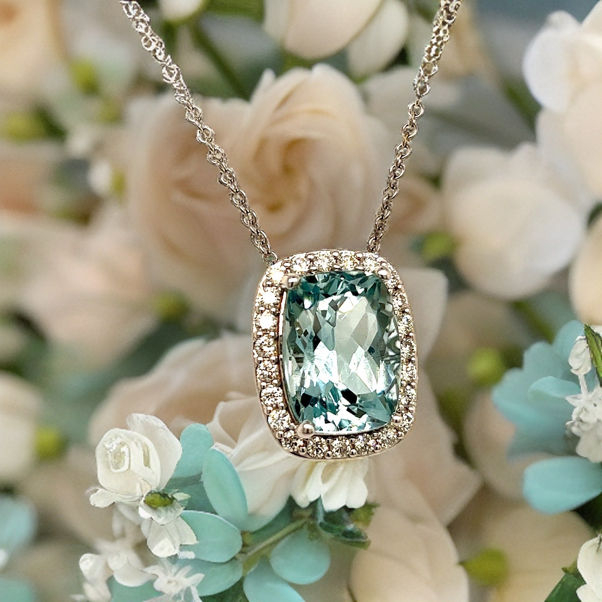 Diamond Aquamarine Pendant Necklace 14k Gold 17" 8.37 TCW Certified $5,950 213255 - Certified Fine Jewelry