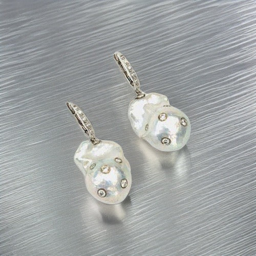 Diamond Fresh Water Pearl Earrings 14k Gold Large 13 mm Certified $4,950 915985