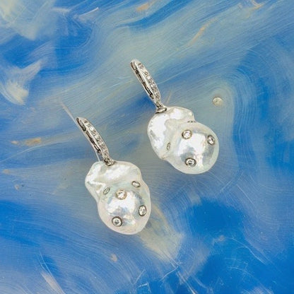 Diamond Fresh Water Pearl Earrings 14k Gold Large 13 mm Certified $4,950 915985 - Certified Fine Jewelry