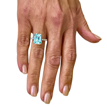 Natural Aquamarine Diamond Ring Size 6.5 14k W Gold 5.78 TCW Certified $4,950 217851