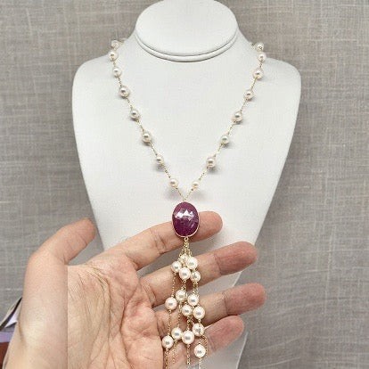 Akoya Pearl Ruby Necklace 8.25 mm 24" 14k Gold Italy Certified $4,750 822486 - Certified Fine Jewelry