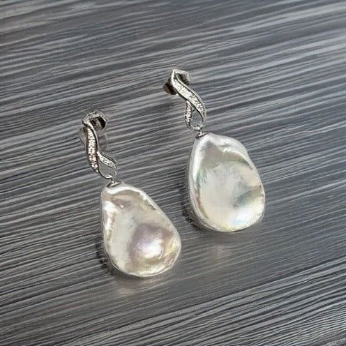 Diamond Large Fresh Water Pearl Earrings Baroque 14k Gold Certified $1,950 914369 - Certified Fine Jewelry