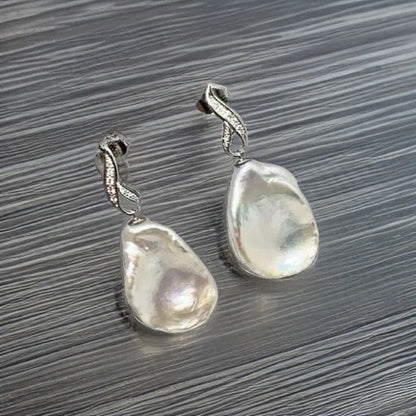 Diamond Large Fresh Water Pearl Earrings Baroque 14k Gold Certified $1,950 914369