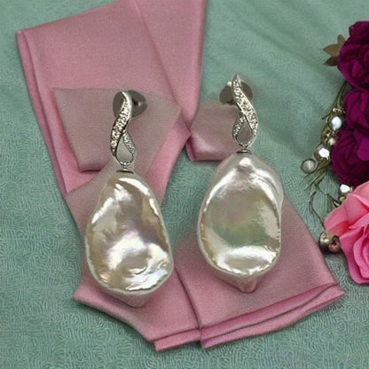 Diamond Large Fresh Water Pearl Earrings Baroque 14k Gold Certified $1,950 914369