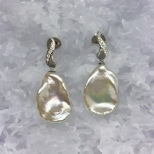 Diamond Large Fresh Water Pearl Earrings Baroque 14k Gold Certified $1,950 914369 - Certified Fine Jewelry