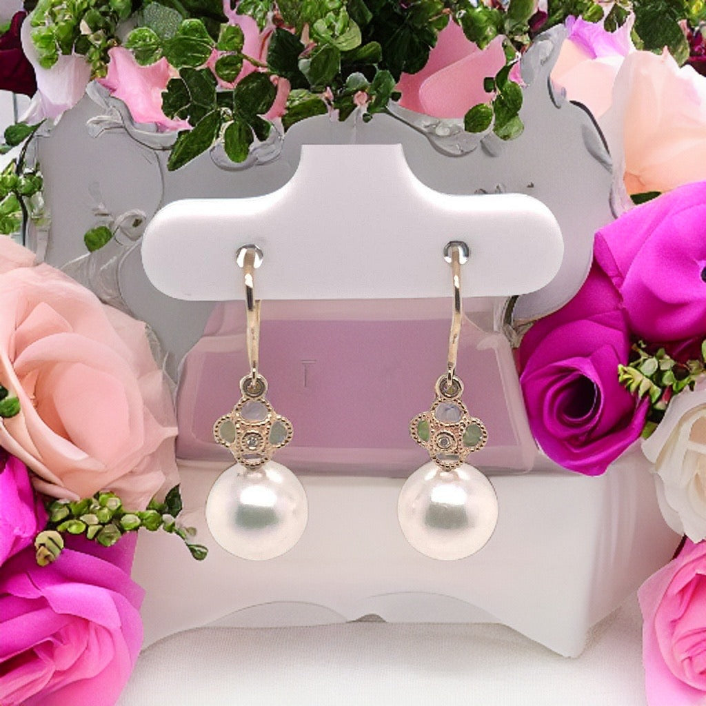 Diamond Akoya Pearl Earrings 14 KT Yellow Gold 9.14 mm Certified $990 017533