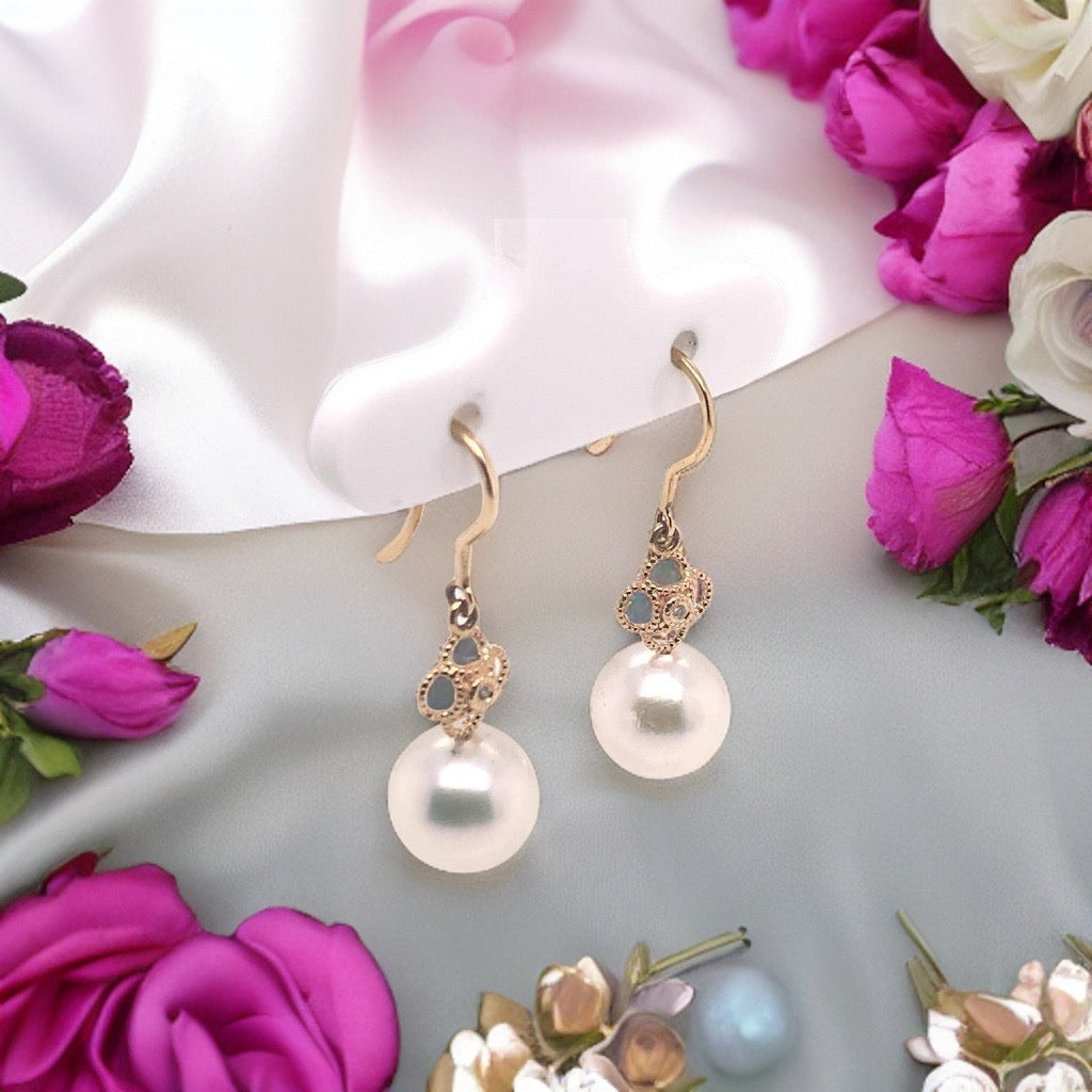 Diamond Akoya Pearl Earrings 14 KT Yellow Gold 9.14 mm Certified $990 017533 - Certified Fine Jewelry