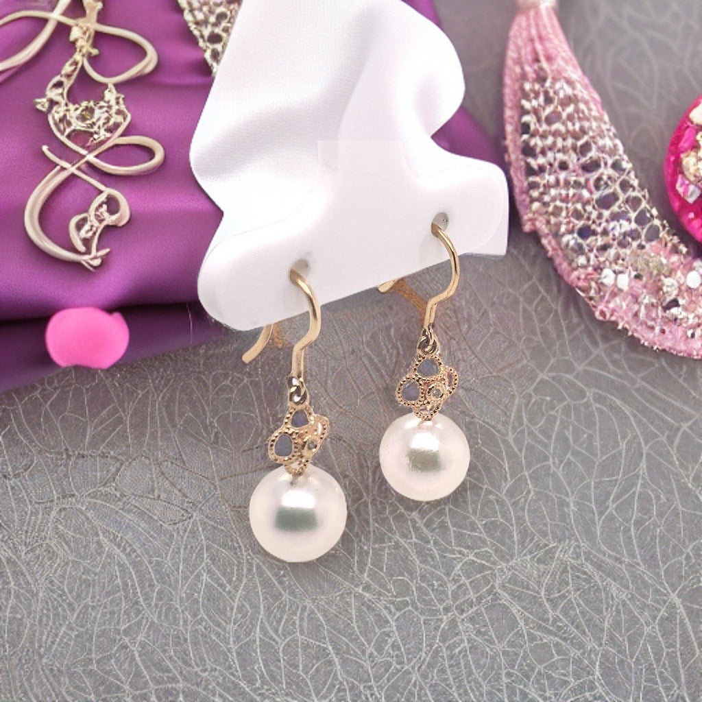 Diamond Akoya Pearl Earrings 14 KT Yellow Gold 9.14 mm Certified $990 017533 - Certified Fine Jewelry