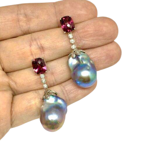 Diamond Rubellite Tourmaline Pearl Earrings 14k Gold 6.25TCW Certified $4,950 920747 - Certified Fine Jewelry