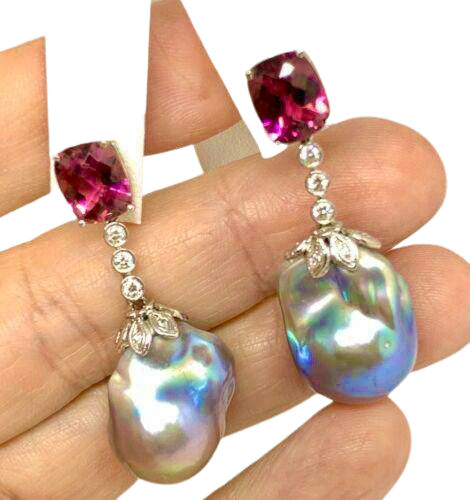 Diamond Rubellite Tourmaline Pearl Earrings 14k Gold 6.25TCW Certified $4,950 920747