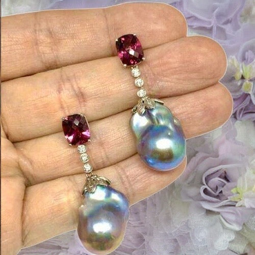 Diamond Rubellite Tourmaline Pearl Earrings 14k Gold 6.25TCW Certified $4,950 920747 - Certified Fine Jewelry