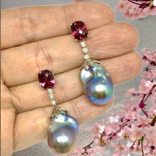 Diamond Rubellite Tourmaline Pearl Earrings 14k Gold 6.25TCW Certified $4,950 920747