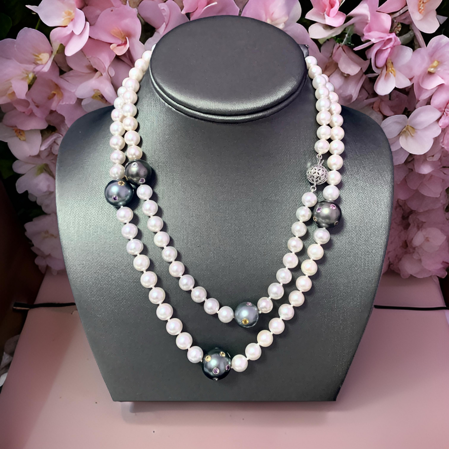 Akoya Tahitian Pearl Diamond Sapphire Necklace 14k Gold Certified $6,950 114992