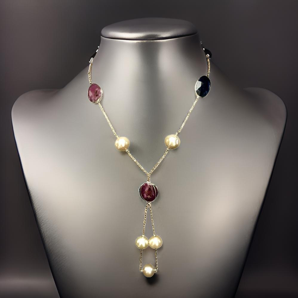 South Sea Pearl Ruby Sapphire Necklace 14k Gold Italy Certified $3,450 820427