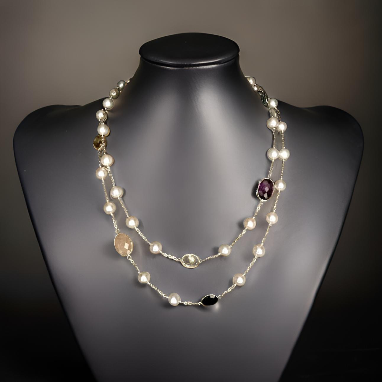 Pearl Quartz Topaz Necklace 14k Gold 7.5 mm 35.75" Italy Certified $3,490 820429