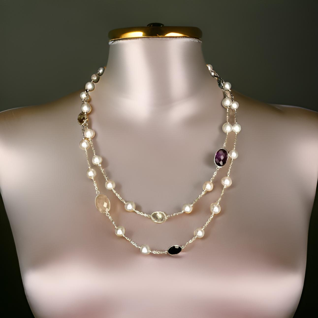 Pearl Quartz Topaz Necklace 14k Gold 7.5 mm 35.75" Italy Certified $3,490 820429