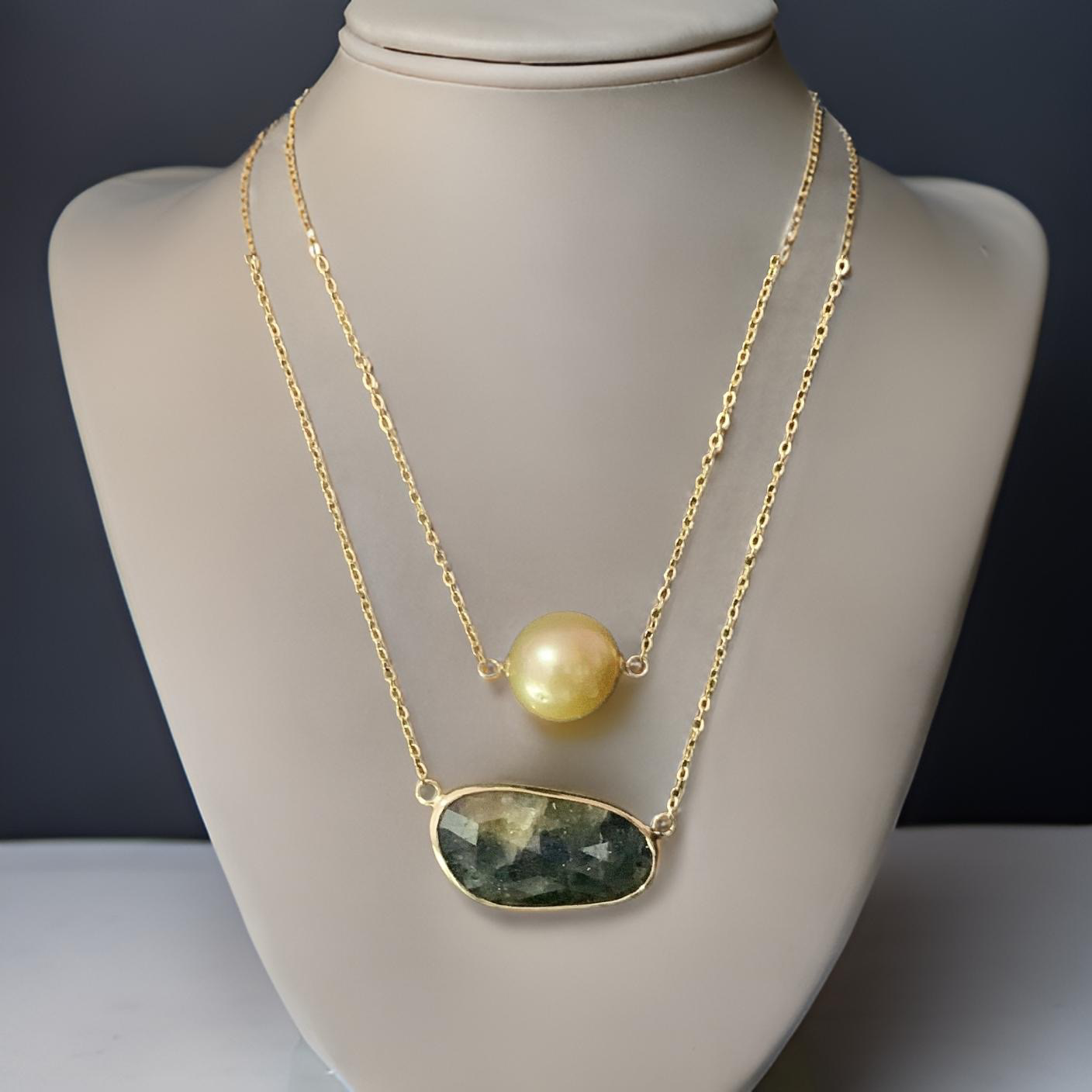 Golden South Sea Pearl Sapphire 14Kt 11.7Mm 19" Necklace Certified $1,790 820697