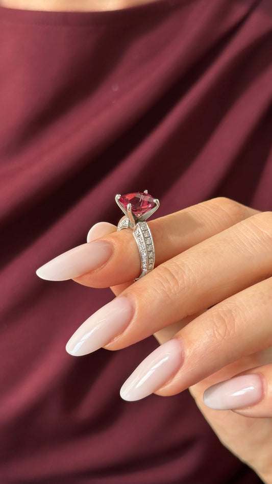 Diamond Tourmaline Rubellite Ring 3 Platinum 3.72 TCW Certified 910749