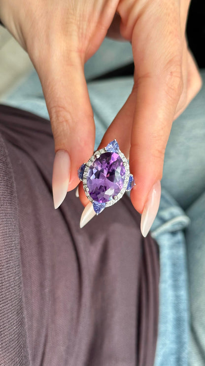 Natural Amethyst Tanzanite Diamond Ring Size 6.5 14k Gold 14.3 TCW Certified $5,950 508589