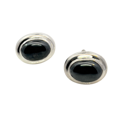 Tiffany & Co Estate Natural Hematite Cabochon Earrings Sterling Silver TIF786