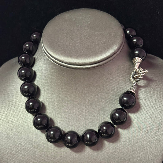 Tiffany & Co Onyx Beads Toggle Necklace 16" 16 mm Sterling Silver Estate TIF934