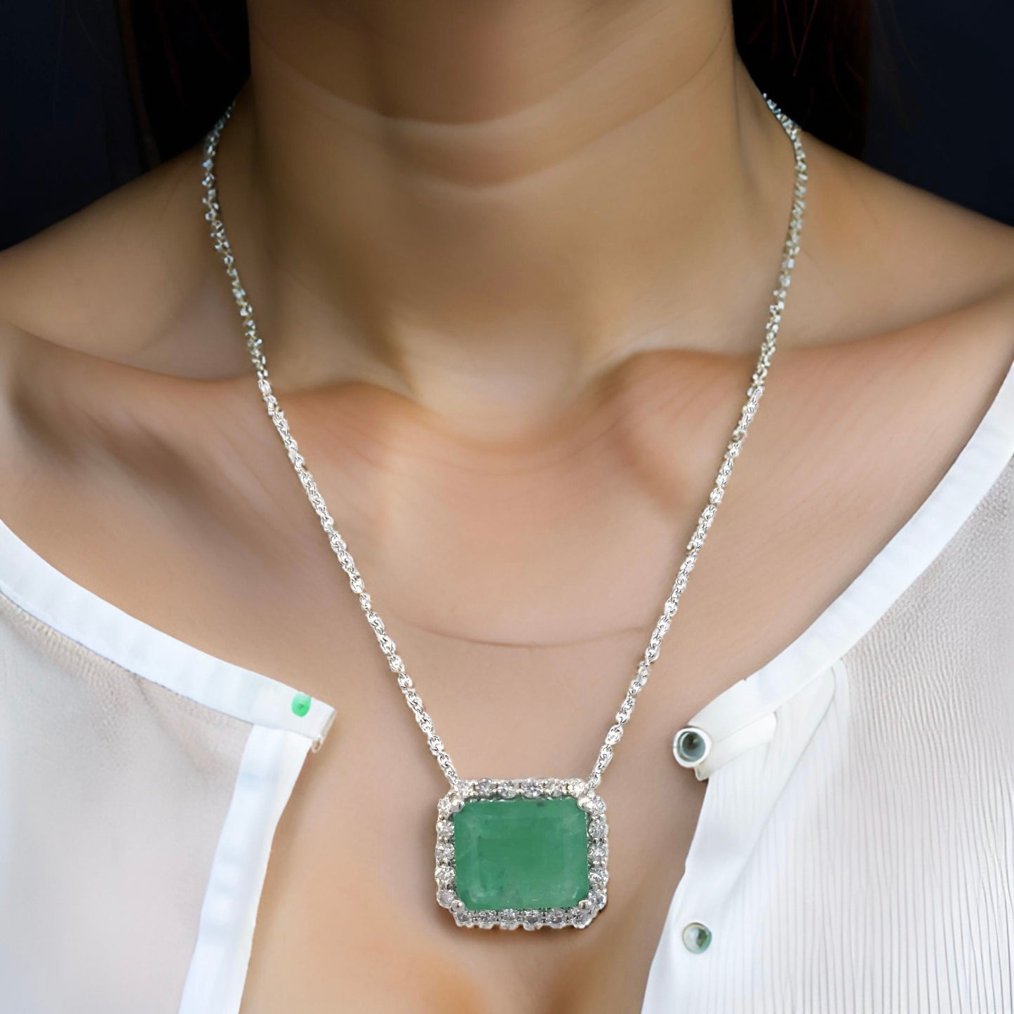 Natural Emerald Diamond Necklace 18" 14k White Gold 2.64 TCW Certified $3,950 410443