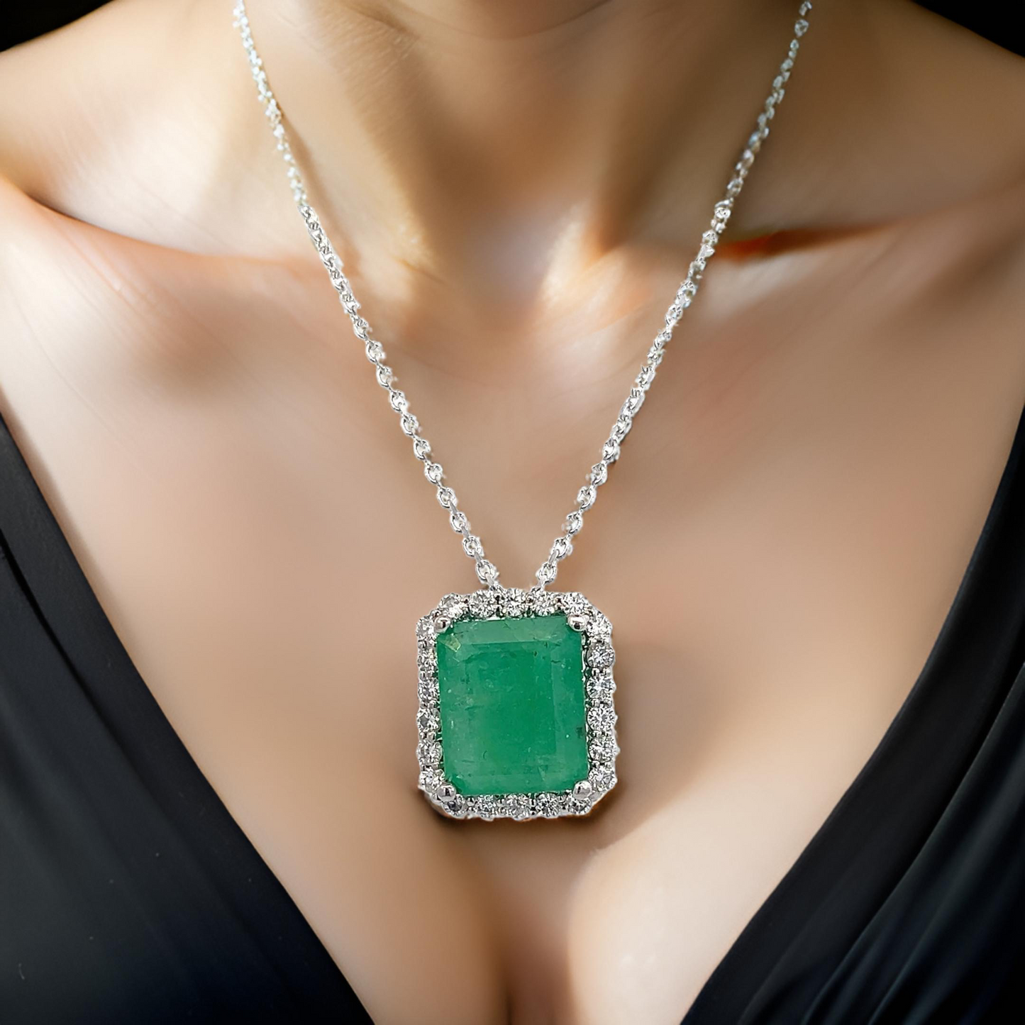 Natural Emerald Diamond Necklace 18" 14k White Gold 2.64 TCW Certified $3,950 410443