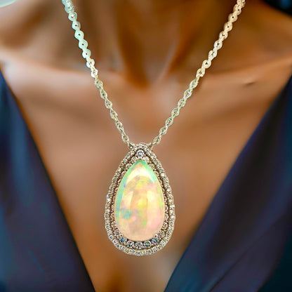 Natural Opal Diamond Necklace 20" 14k White Gold 15.14 TCW Certified $8,750 410446