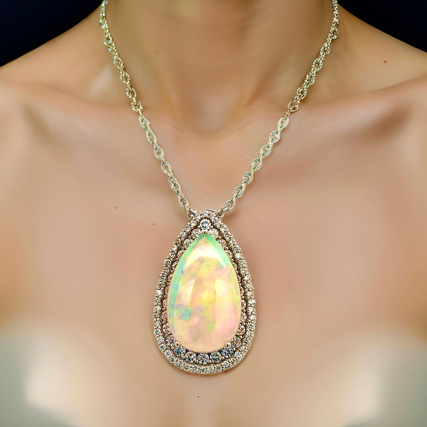 Natural Opal Diamond Necklace 20" 14k White Gold 15.14 TCW Certified $8,750 410446