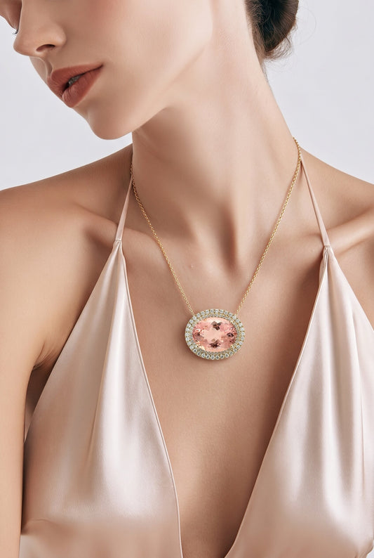 Natural Morganite Diamond Halo Pendant 18" 14k Gold 22.81 TCW Certified $7,950 601359
