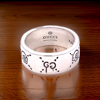 Gucci Estate Engraved Ring Size 8 Sterling Silver 8.5 mm Height G49