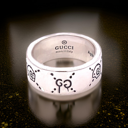 Gucci Estate Engraved Ring Size 8 Sterling Silver 8.5 mm Height G49