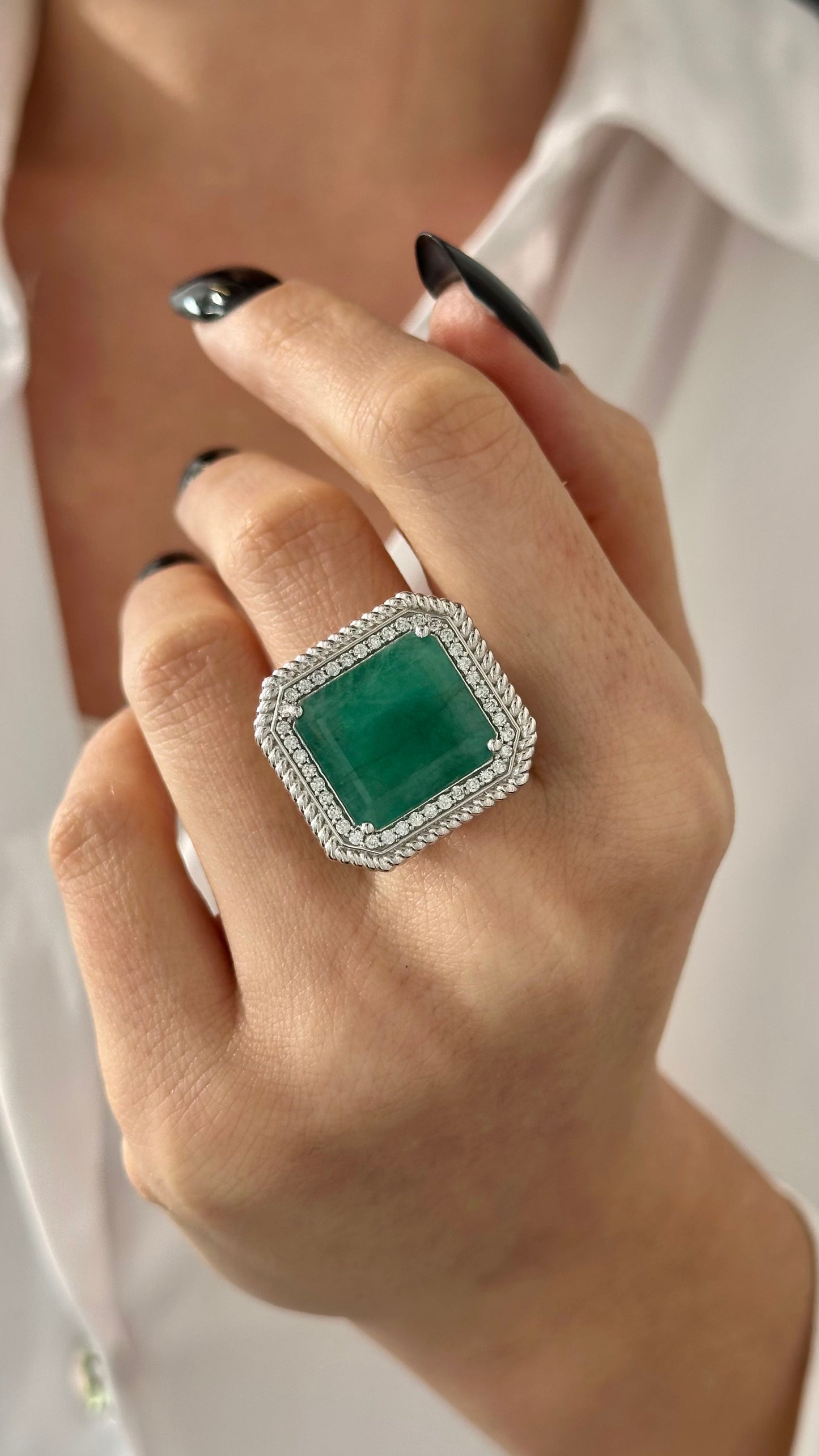 Natural Emerald Diamond Ring Size 6.25 14k W Gold 13.14 TCW Certified $9,775 402673