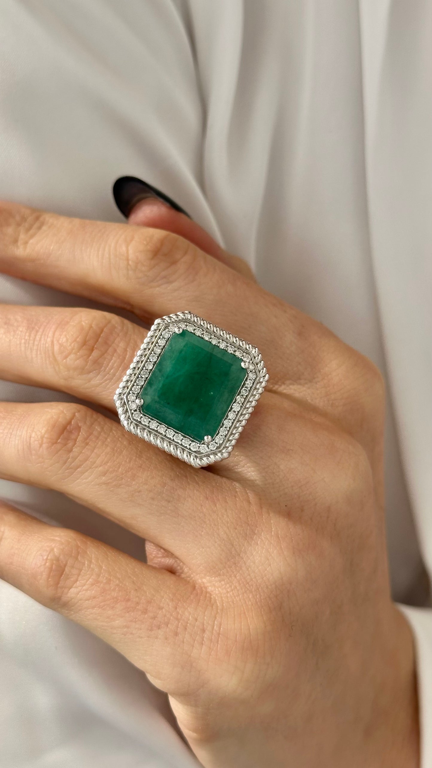 Natural Emerald Diamond Ring Size 6.25 14k W Gold 13.14 TCW Certified $9,775 402673