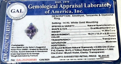 Natural Amethyst Tanzanite Diamond Ring Size 6.5 14k Gold 14.3 TCW Certified $5,950 508589