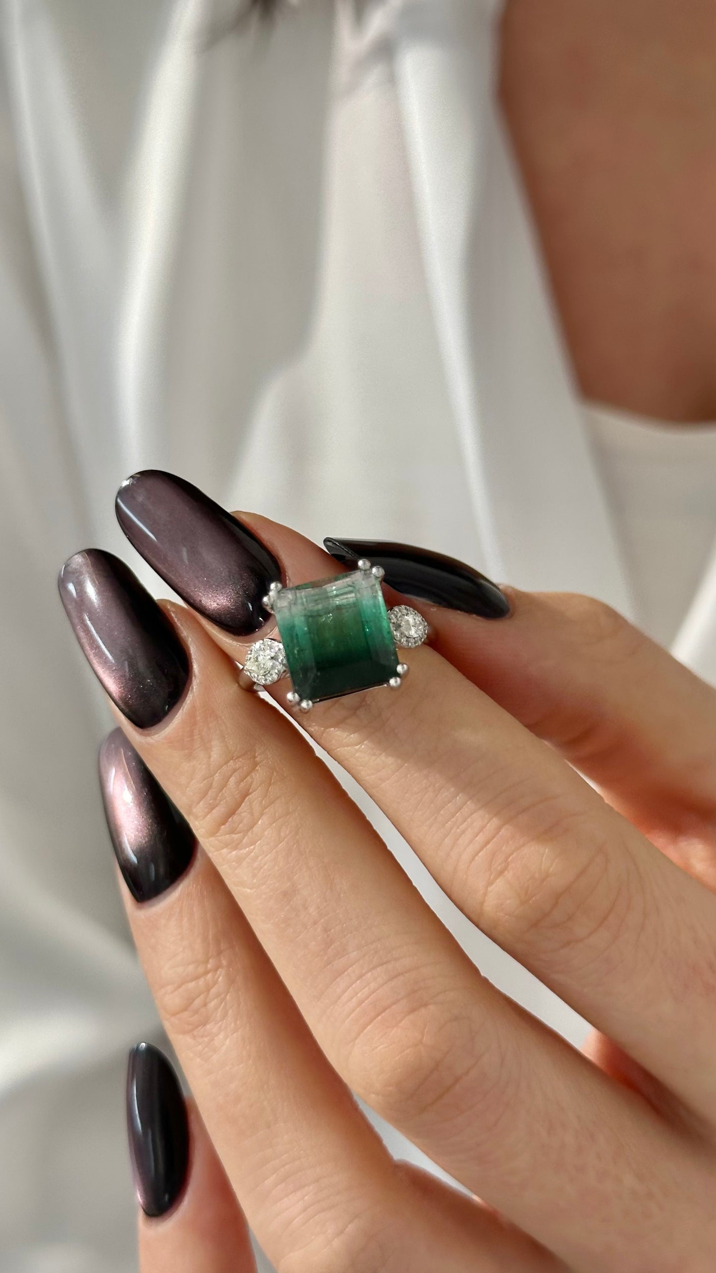 Natural Tourmaline Diamond Ring Size 7 14k W Gold 8.5 TCW Certified $6,975 401542