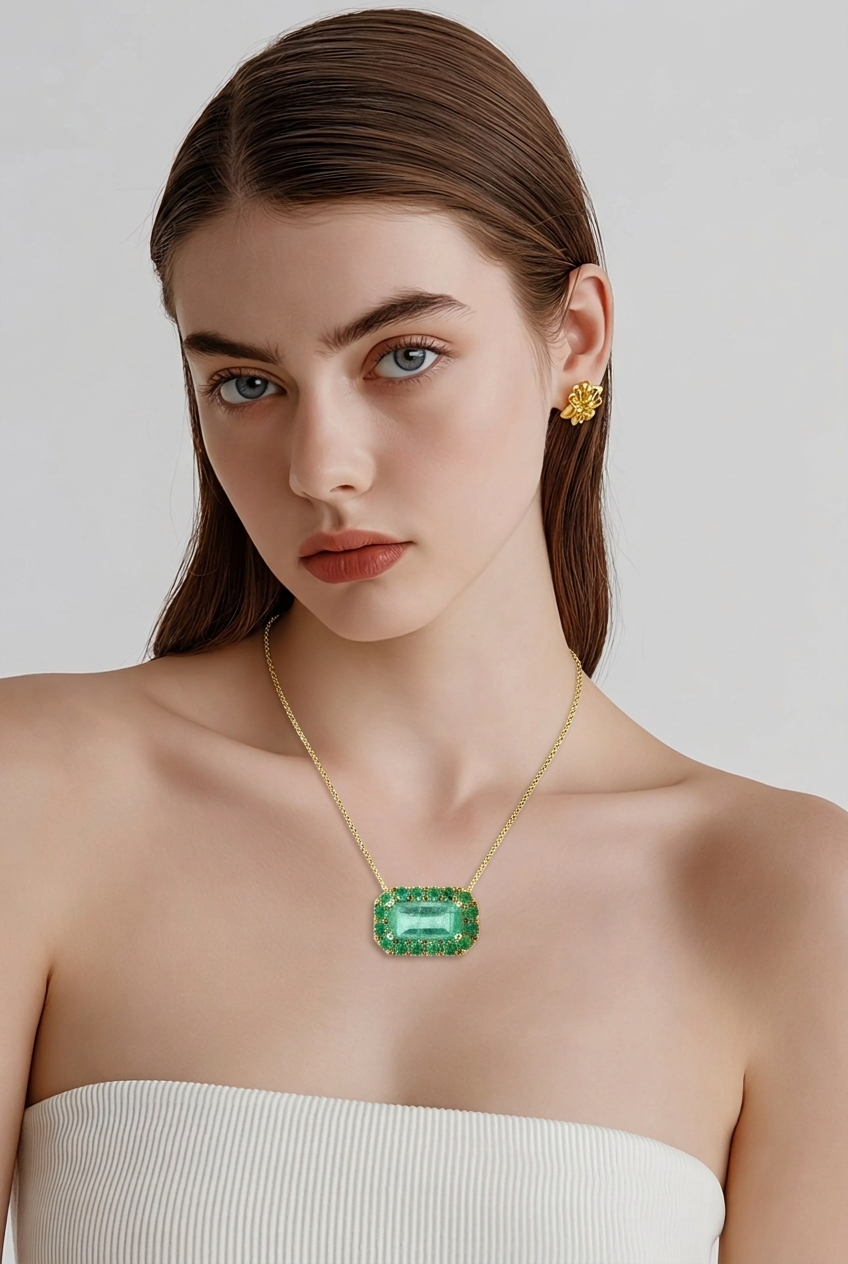 Natural Emerald Halo Necklace 18" 14k Gold 7.0 TCW Certified $5,950 601537