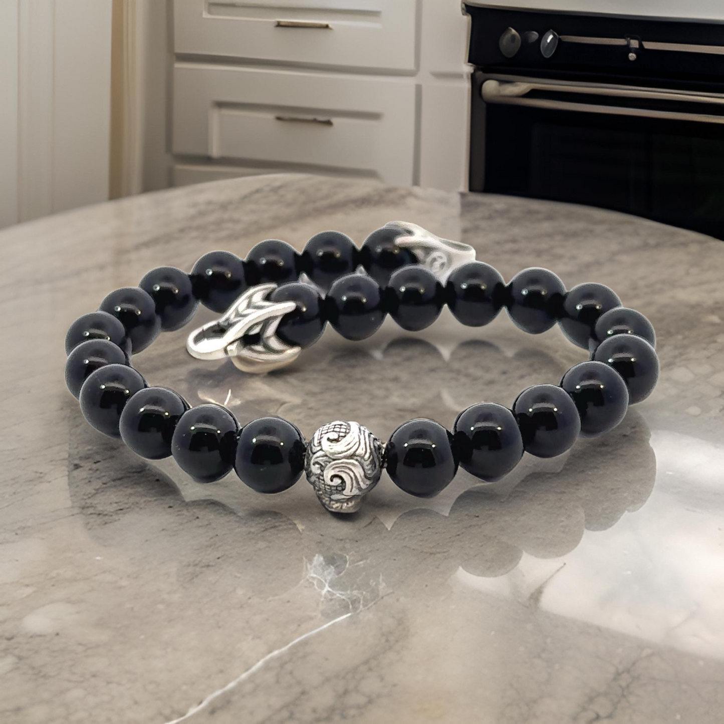 David Yurman Estate Onyx Carved Prayer Beads Bracelet 8.5" Silver DY532