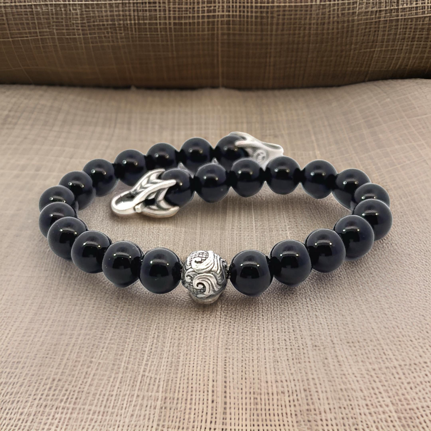 David Yurman Estate Onyx Carved Prayer Beads Bracelet 8.5" Silver DY532
