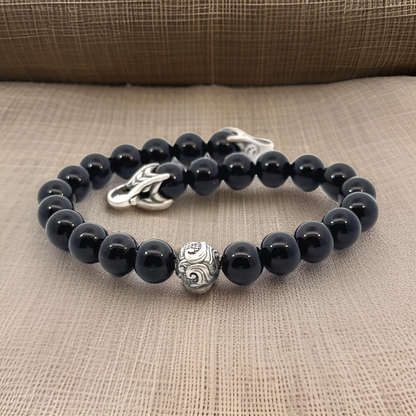 David Yurman Estate Onyx Carved Prayer Beads Bracelet 8.5" Silver DY532