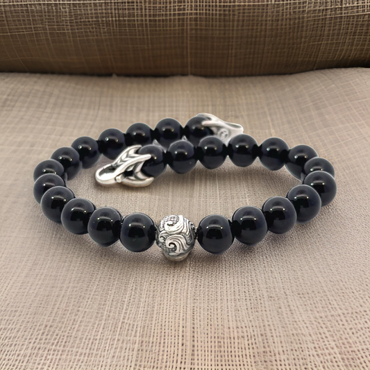 David Yurman Estate Onyx Carved Prayer Beads Bracelet 8.5" Silver DY532