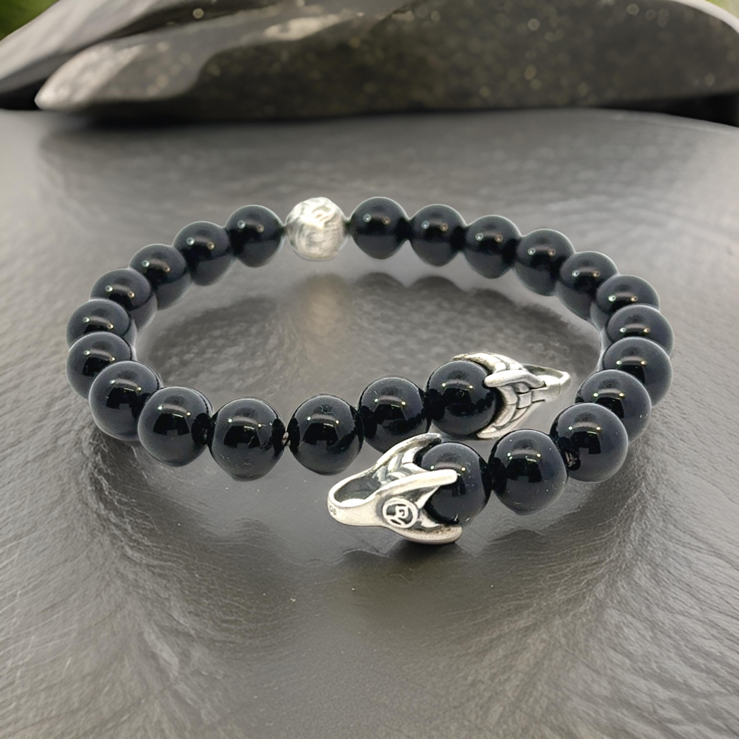 David Yurman Estate Onyx Carved Prayer Beads Bracelet 8.5" Silver DY532