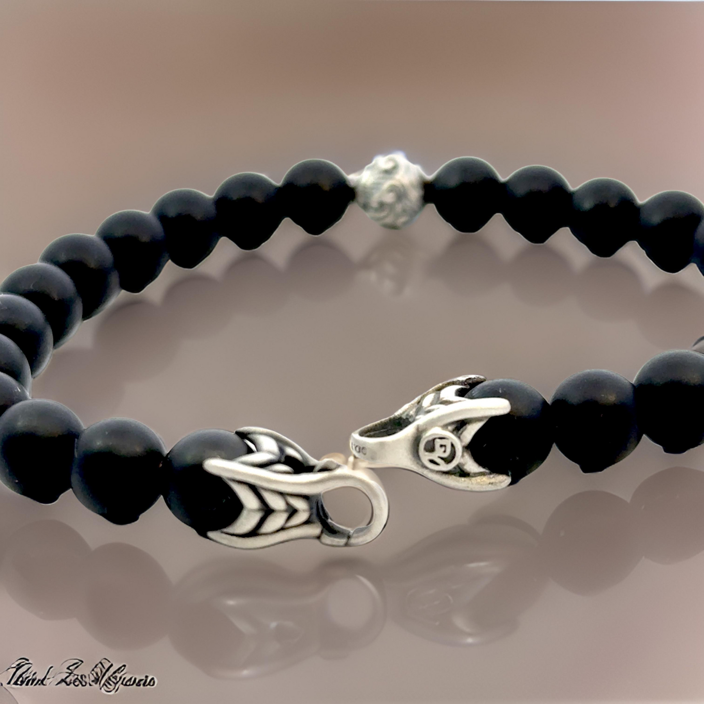 David Yurman Estate Matte Onyx Carved Prayer Beads Bracelet 8.5" Silver DY533