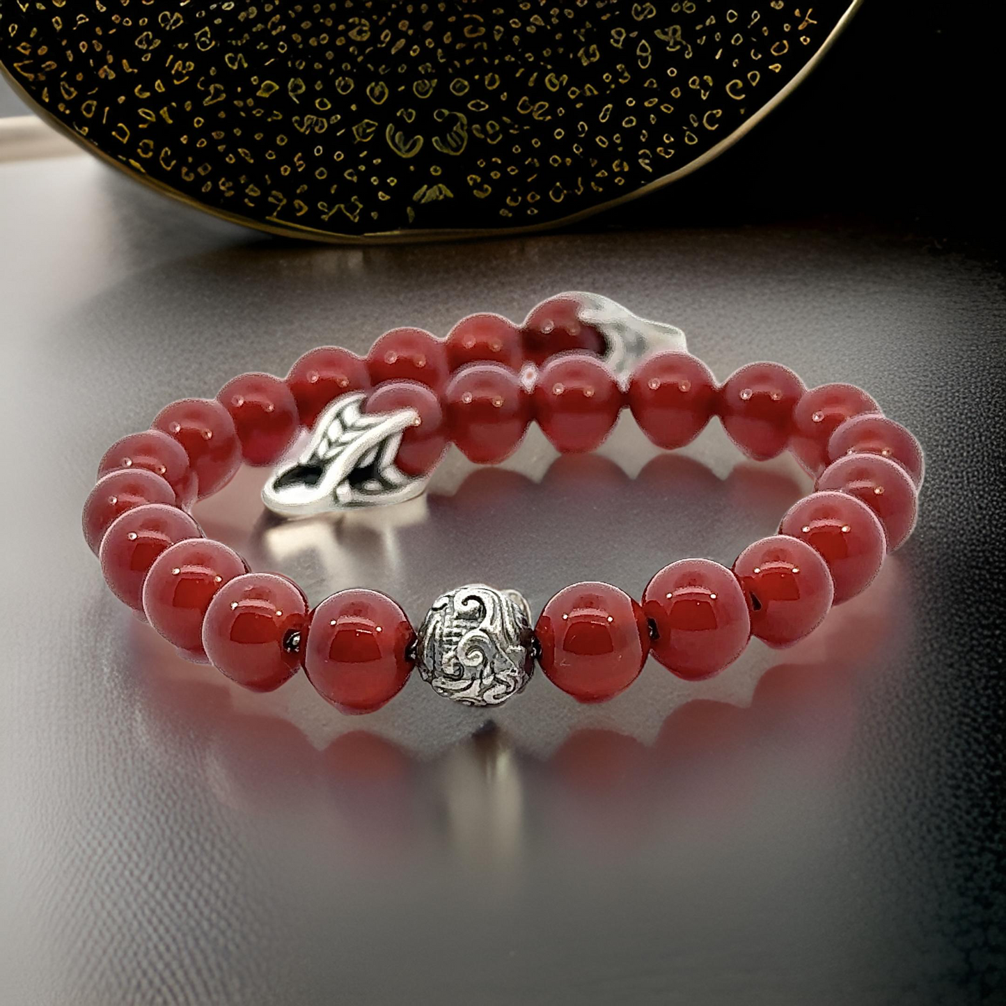 David Yurman Carnelian Carved Prayer Beads Bracelet 8" 8 mm Silver Estate DY614
